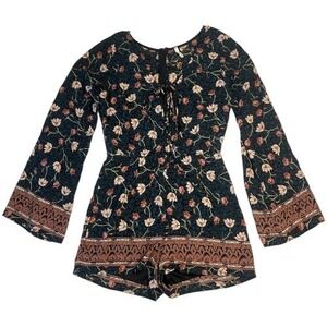 Sage Floral Boho Long Sleeve Romper Black Multicolor Lace Up Womens Small